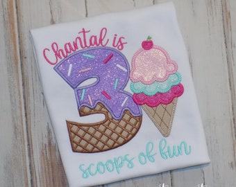 Ice Cream Scoops of fun Third Birthday shirt, Three 3 scoops of fun, Three Ice Cream Party, 3rd birthday shirt, Sew Cute Creations