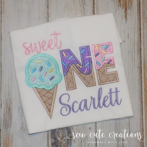 Sweet One Ice Cream 1st Birthday Shirt, Custom Embroidered tee for 1 year old, Sew Cute Creations