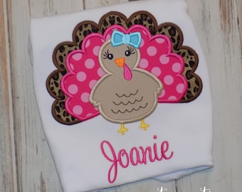 Thanksgiving Turkey Shirt for Girls, Personalized Custom Embroidered Fall Tee