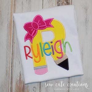 Personalized Back to school pencil shirt, Monogram pencil coquette bow tee, first day of school outfit, Kindergarten, Sew Cute Creations