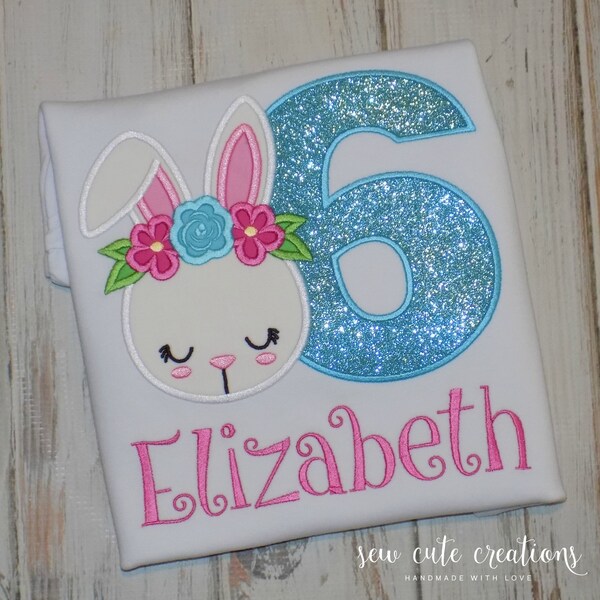 Bunny Rabbit birthday shirt for girls, Custom Embroidered top Ages 1st to 9th