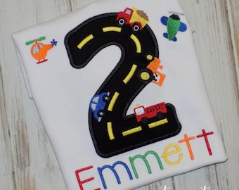 Transportation Birthday Shirt, Trucks Cars Custom Embroidered Ages 1st to 9th