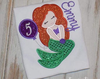 Mermaid Birthday Shirt, Custom Embroidered Tee Ages 1st to 10th