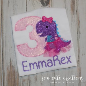 Three Rex T Rex Girly Dinosaur Birthday Shirt, Dinosaur tutu party outfit, stomp chomp roar, 1st 2nd 3rd 4th birthday, Sew cute creations