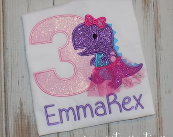 Three Rex TRex Dinosaur Tutu Birthday Shirt for girls, Custom Embroidered Ages 1st to 9th