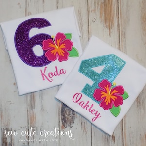 Hibiscus Birthday Shirt for Girls, Tropical Luau Outfit, Hawaiian Party tee, Summer Beach Theme, Custom 1st - 12th top, Sew cute creations