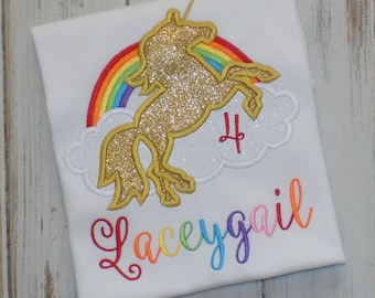 Rainbow Unicorn Birthday Shirt for Girls, Custom Embroidered Tee Ages 1st to 9th
