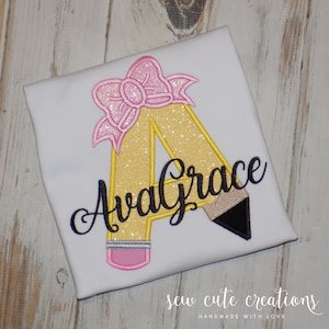 Personalized Back to school pencil shirt, Coquette bow monogram first day tee, Preschool Kindergarten Pre K top, Sew Cute Creations