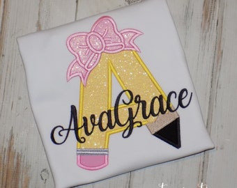 Personalized Back to school pencil shirt, pencil coquette bow monogram, first day of school tee, Kindergarten Pre K, Sew Cute Creations