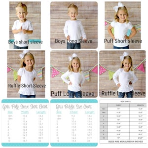 May include: Size chart for girls' puff sleeve and ruffle sleeve shirts in various sizes from 12 months to 12 years. The chart includes measurements for width, length, chest, and length in inches. The chart also includes a size chart for boys' shirts in various sizes from 12 months to 10 years. The chart includes measurements for chest and length in inches.