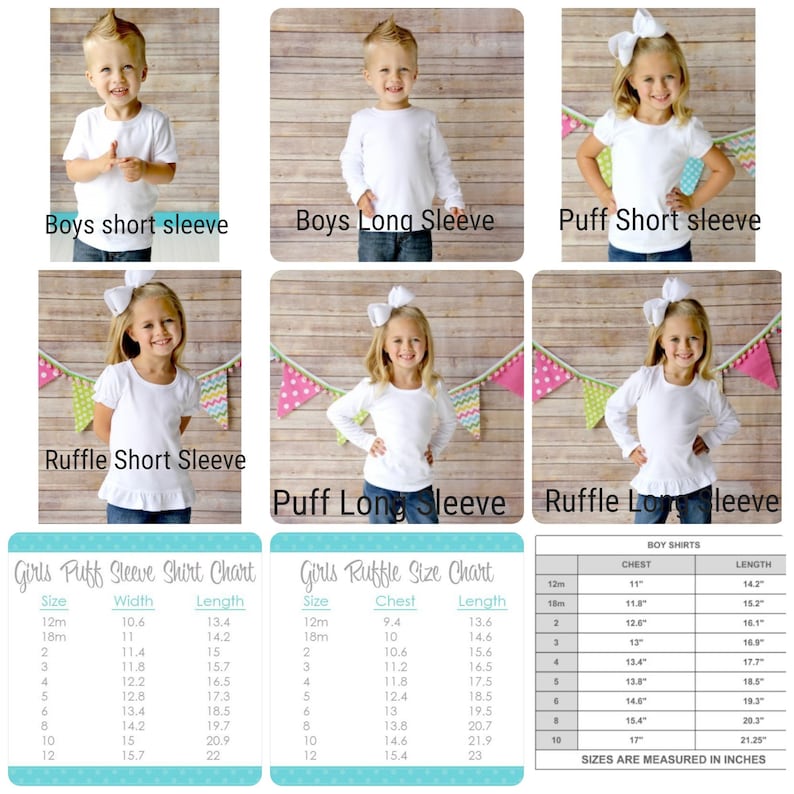 May include: Size chart for girls' puff sleeve and ruffle sleeve shirts in various sizes from 12 months to 12 years. The chart includes measurements for width, length, chest, and length in inches. The chart also includes a size chart for boys' shirts in various sizes from 12 months to 10 years. The chart includes measurements for chest and length in inches.