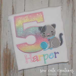 Kitten Birthday Shirt for girls or boys, Kitty Cat party outfit, Custom Embroidered tee for Ages 1st to 9th, Sew Cute Creations