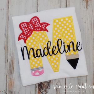 Personalized Back to school pencil shirt, Monogram pencil coquette bow tee, first day of school outfit, Preschool Pre K, Sew Cute Creations