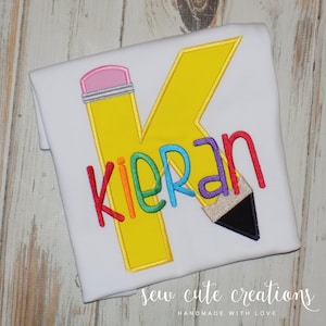 Personalized Back to school pencil shirt for boy, Initial monogram tee, first day outfit for PreK Preschool Kindergarten, Sew Cute Creations