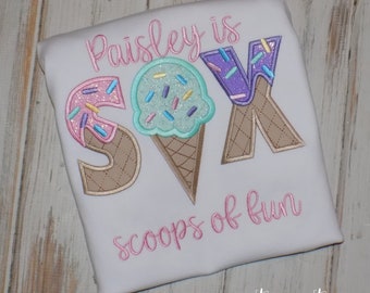 Six Scoops of Fun birthday shirt, ice cream party, 6th birthday, Ice cream shirt, Sew Cute Creations