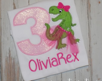 Three Rex Dinosaur Tutu Birthday Shirt, Girl T Rex party outfit,  Girly Trex shirt, 2nd 3rd 4th 5th 6th  birthday, sew cute creations