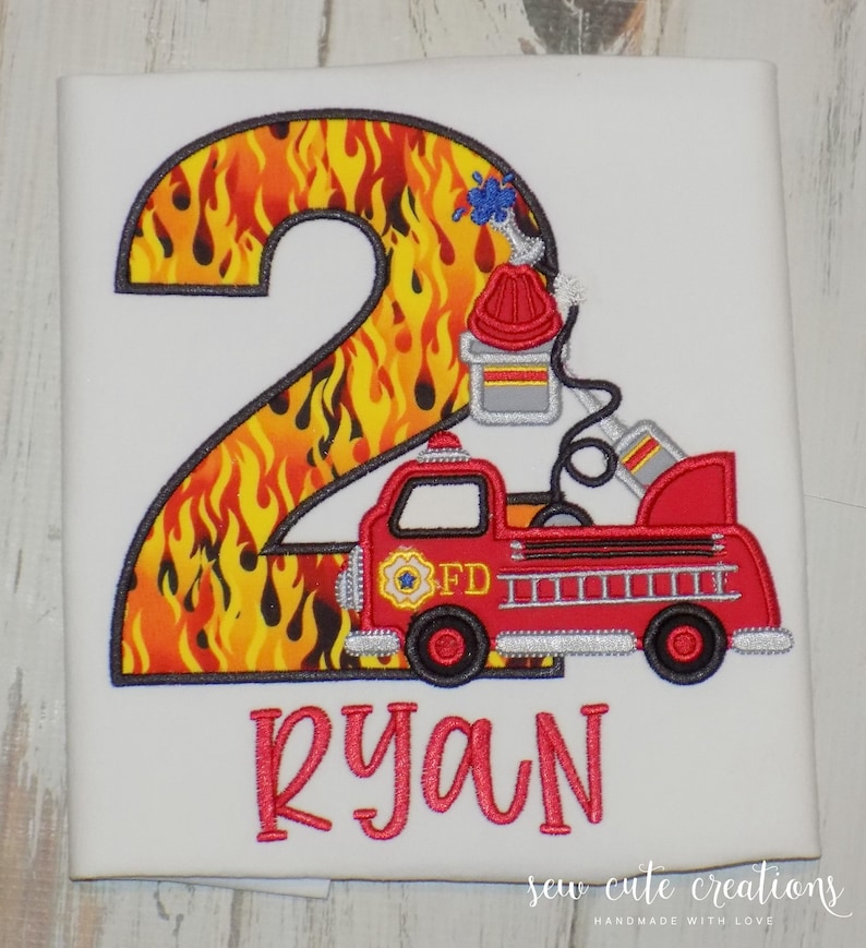 Firetruck birthday Shirt, Fire Engine outfit, Firefighter party, fire truck, 2nd 3rd 4th 5th 6th 7th 8th 9th birthday, Sew cute creations image 2