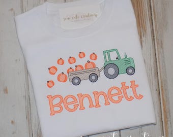 Pumpkin Tractor shirt for boys or girls, Custom Embroidered Thanksgiving tee