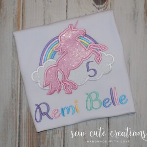 Rainbow Glitter Unicorn Birthday Shirt for Girls, Fantasy theme Party Outfit, Personalized Custom 1st to 9th Tee, Sew Cute Creations