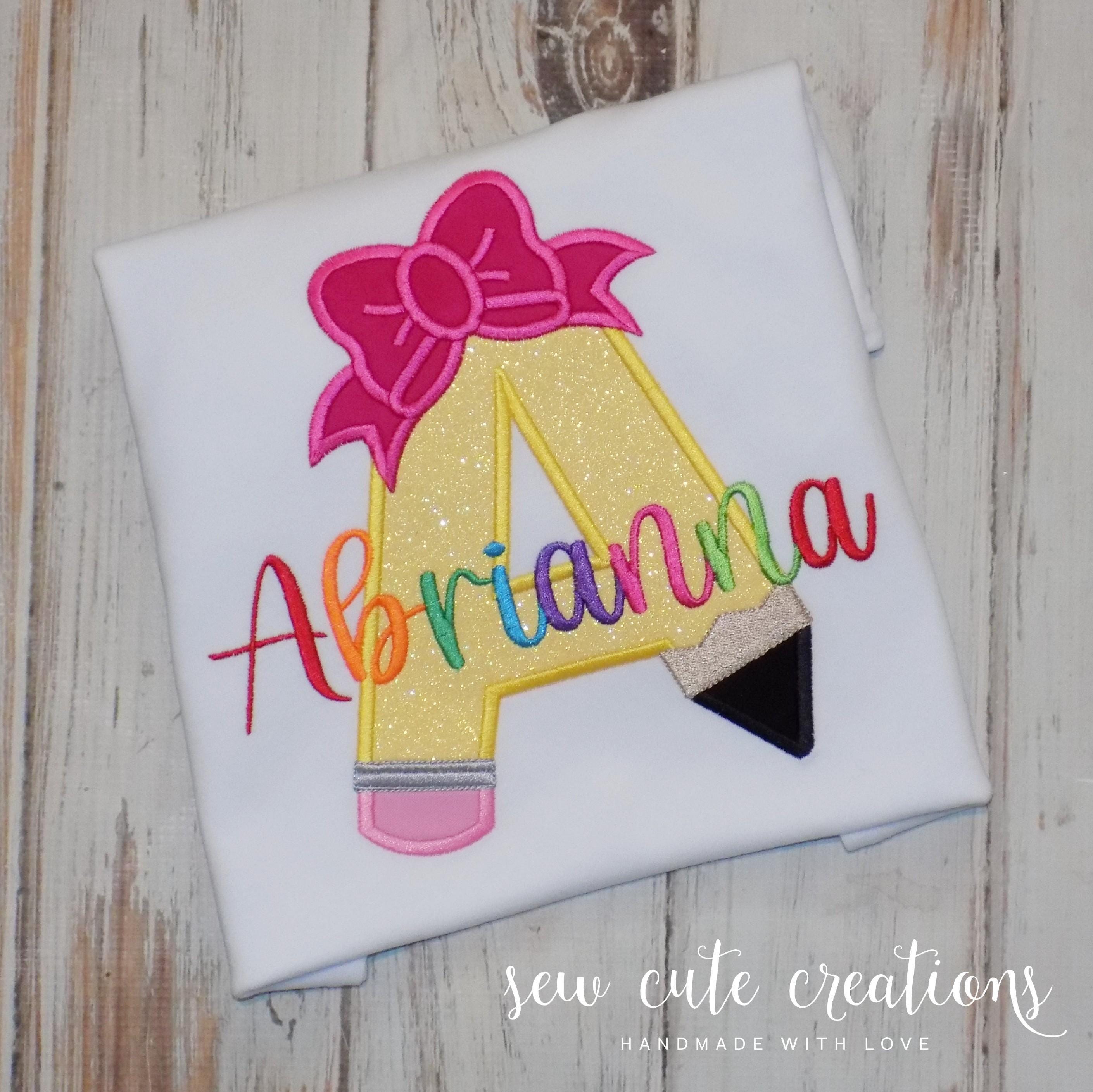 Personalized Back to school pencil shirt, Monogram pencil coquette bow tee, First day of school outfit, Kindergarten, Sew Cute Creations