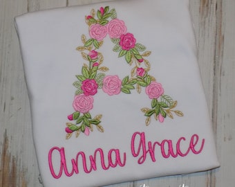 Rose Floral Monogram Personalized shirt for girls, Flower Embroidery tee, Custom Alphabet top, Sew Cute Creations