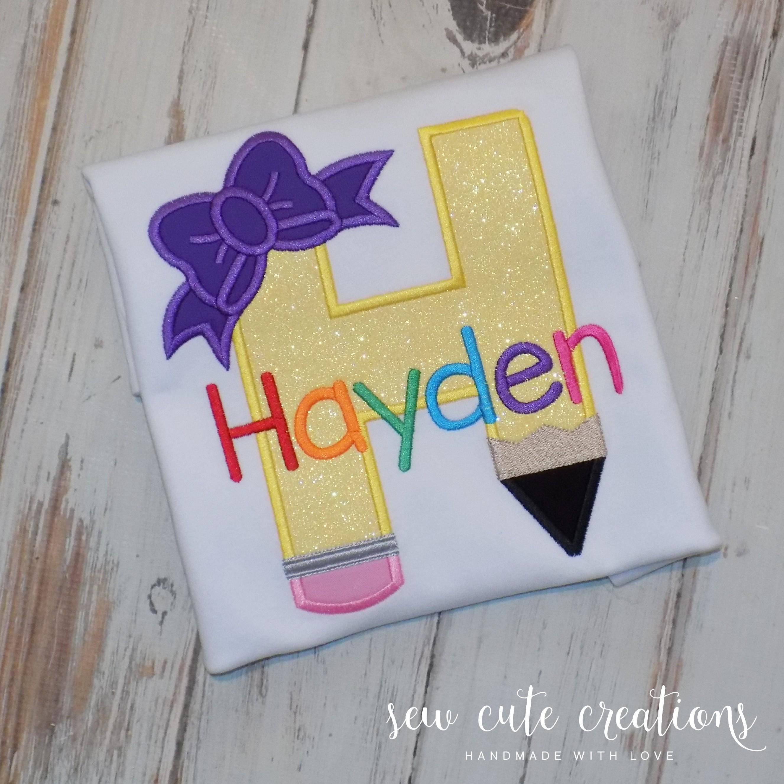 Personalized Pencil Monogram Shirt with Name, Back to School Shirt for Kids, Preschool PreK Kindergarten Tee, Sew Cute Creations