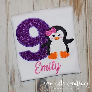 Penguin Birthday Shirt for Girls, Winter theme Party Outfit, Custom embroidered Ages 1st to 9th Personalized Tee, Sew Cute Creations