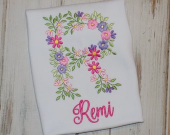 Floral Monogram Personalized shirt, Flower Embroidery Initial tee for girls, Custom Embroidered top, Sew Cute Creations