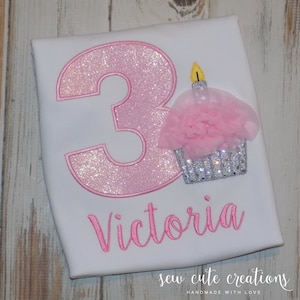 Pink Cupcake birthday shirt for girls, Chiffon cupcake party outfit, Personalized custom embroidered ages 1st to 9th, Sew cute creations