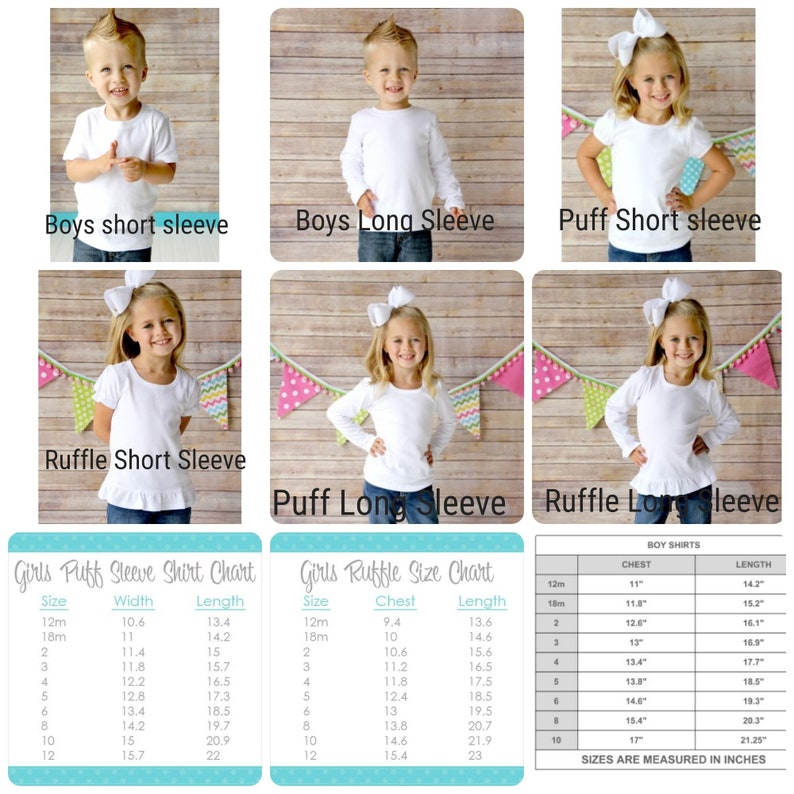 May include: Size chart for girls' puff sleeve and ruffle sleeve shirts in sizes 12 months to 12 years. The chart includes measurements for width, length, chest, and length. The chart is on a blue background with white text.