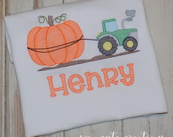 Pumpkin Tractor shirt for boys or girls, Fall Farm Custom Embroidered Autumn Thanksgiving tee