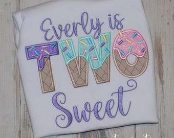 Two Sweet Ice Cream 2nd Birthday Shirt, Custom Embroidered tee for kids