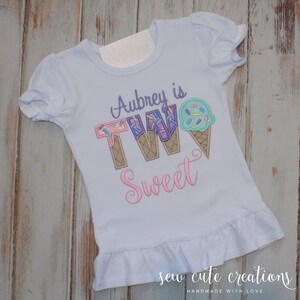 Two Sweet Ice Cream 2nd Birthday Shirt, Personalized Custom Embroidered Tee image 7