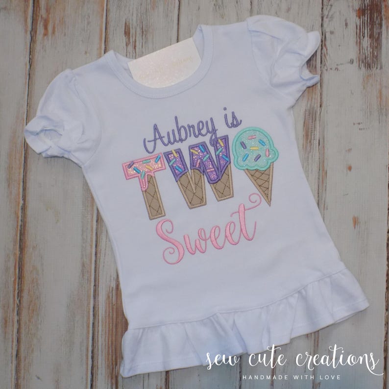 Two Sweet Ice Cream 2nd Birthday Shirt, Personalized Custom Embroidered Tee image 7