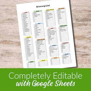 Editable Printable Grocery Shopping List-- GOOGLE SHEETS VERSION-- Customizable Grocery List