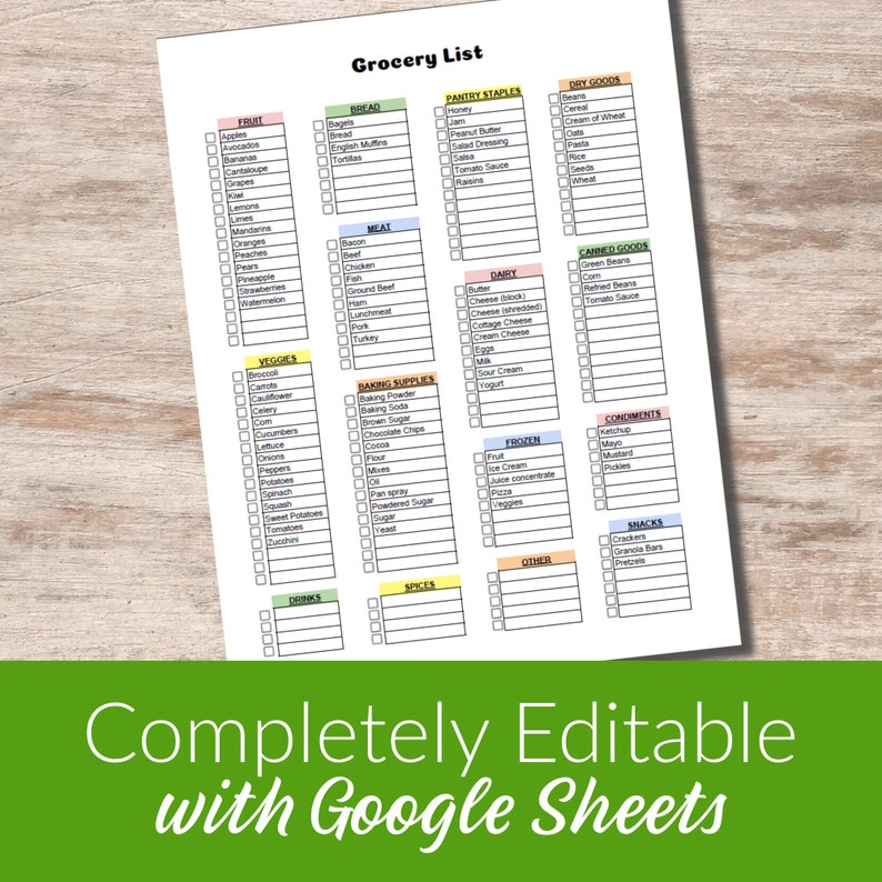 Editable Printable Grocery Shopping List GOOGLE SHEETS VERSION Customizable Grocery List image 1