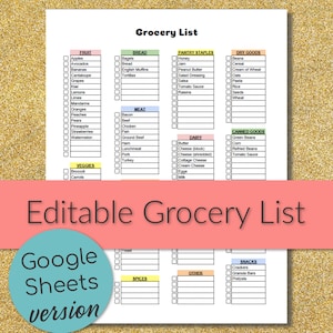 Editable Printable Grocery Shopping List GOOGLE SHEETS VERSION Customizable Grocery List image 2