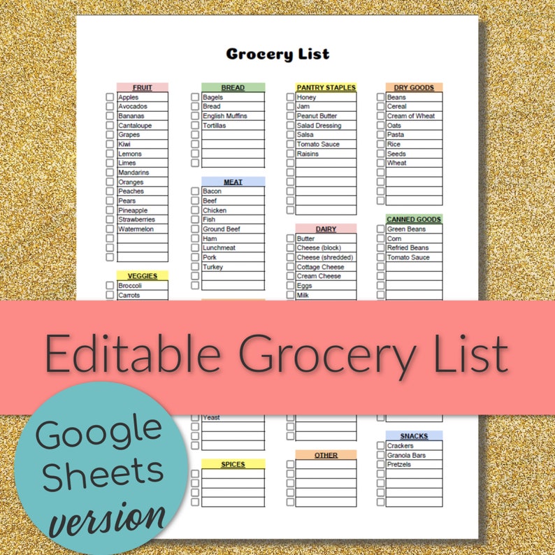 Editable Printable Grocery Shopping List GOOGLE SHEETS VERSION Customizable Grocery List image 2