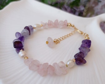 Amethyst & Rose Quartz Bracelet with Freshwater Pearls - Handmade Heart Chakra and Protection Bracelet - Mothers Day Gift Necklace