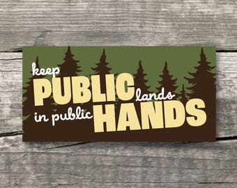 May include: A rectangular sticker with a forest scene and the text "keep PUBLIC lands in public HANDS." The background features a green sky and brown trees. The text is in a mix of white and tan colors.