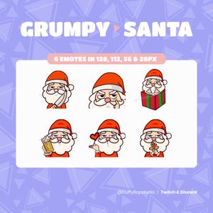 May include: A digital graphic featuring six "Grumpy Santa" emotes. Each Santa has a red hat and suit with a white beard, and each emote has a different expression. The text "GRUMPY SANTA" and "6 EMOTES IN 128, 112, 56 & 28PX" are displayed.