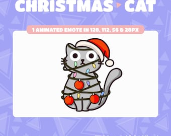 Emote animado de gato navideño con lindas luces para YouTube, Twitch y Discord, listo para usar.