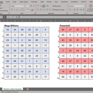 Puede incluir: Una hoja de cálculo con dos tablas que muestran números de lotería aleatorios para Mega Millions y Powerball. La hoja de cálculo tiene un botón que dice "PRESS F9 TO GENERATE NEW NUMBERS".