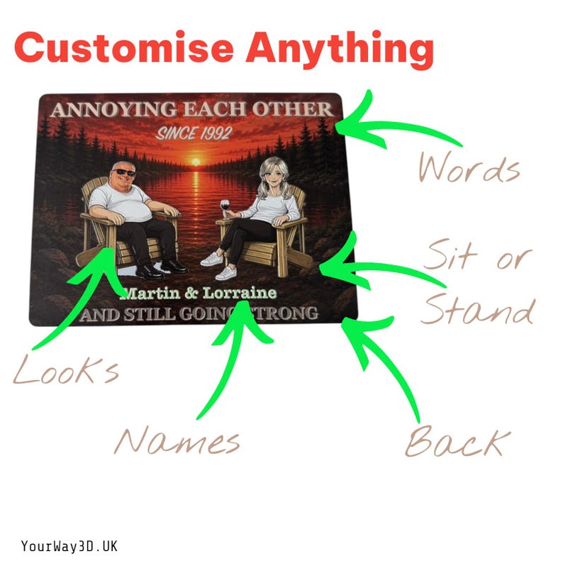 May include: A rectangular sign featuring a sunset lake scene with two cartoon figures sitting in wooden chairs. The text reads ANNOYING EACH OTHER SINCE 1992, Martin & Lorraine, and AND STILL GOING STRONG. Green arrows point to various design elements.