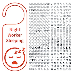 K&ouml;nnte beinhalten: Roter T&uuml;rh&auml;nger mit dem Text "Night Worker Sleeping" und einem schlafenden Emoji. Das Bild zeigt auch eine Sammlung verschiedener Emoji- und Icon-Designs in Schwarz und Wei&szlig;.