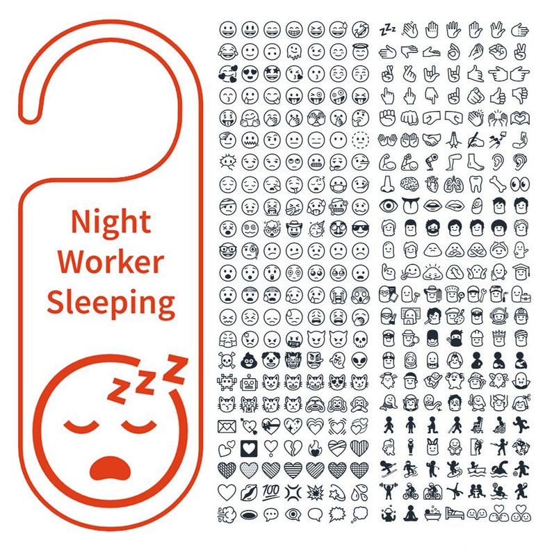 K&ouml;nnte beinhalten: Roter T&uuml;rh&auml;nger mit dem Text "Night Worker Sleeping" und einem schlafenden Emoji. Das Bild zeigt auch eine Sammlung verschiedener Emoji- und Icon-Designs in Schwarz und Wei&szlig;.
