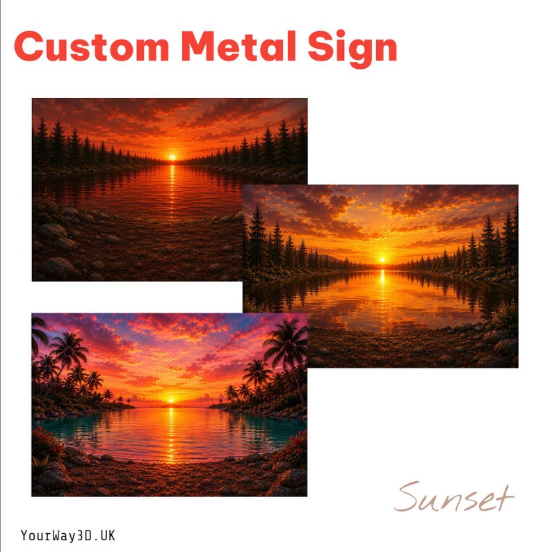 May include: A custom metal sign featuring three rectangular prints of sunset landscapes. Two images show a sun setting over a lake surrounded by pine trees, while the third depicts a tropical beach with palm trees at sunset. Text reads Custom Metal Sign, Sunset, and YourWay3D.UK.