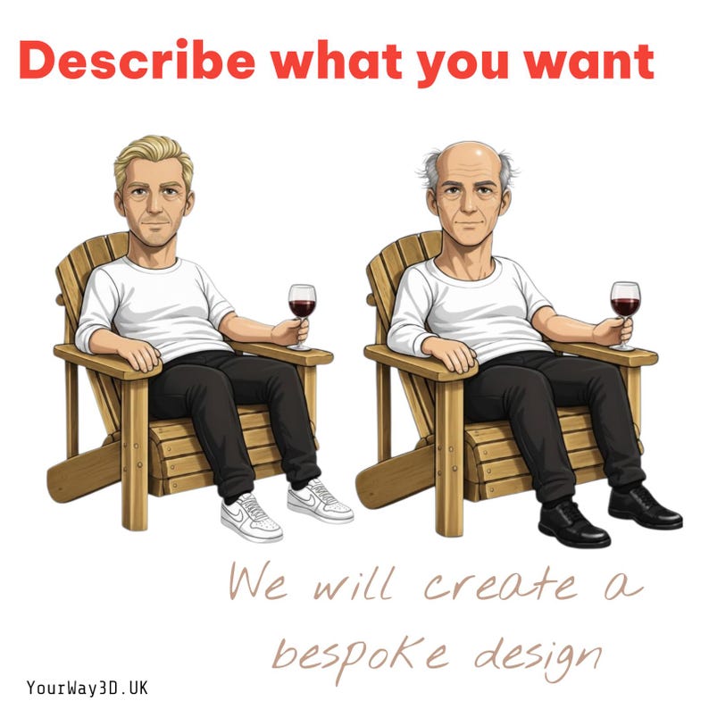 May include: A digital illustration featuring two characters sitting in wooden chairs, each holding a glass of red wine. The text at the top reads Describe what you want, and the text at the bottom reads We will create a bespoke design. YourWay3D.UK.
