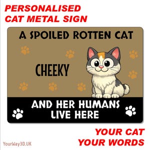May include: A rectangular metal sign with a tan background featuring a cartoon calico cat, orange paw prints, and the text A SPOILED ROTTEN CAT, CHEEKY, AND HER HUMANS LIVE HERE. The sign has a black bottom border with white text.