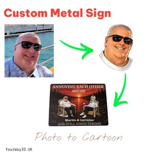 May include: A rectangular custom metal sign featuring a cartoon illustration of a couple sitting in wooden chairs by a lake at sunset. The text reads ANNOYING EACH OTHER SINCE 1992 AND STILL GOING STRONG. The image includes a reference photo and cartoon.